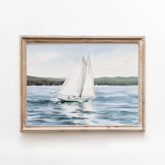 Vintage Sailboat With White Sails On Teal Water Coastal Poster