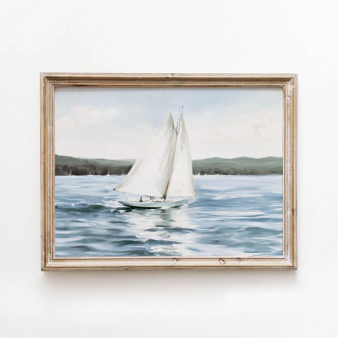 Vintage Sailboat With White Sails On Teal Water Coastal Poster