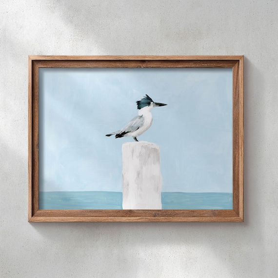 Printed Belted Kingfisher On Dock Post Coastal Bird Wall Art Rustic Beach Cottage Decor Muted Blue Seascape Painting 0724