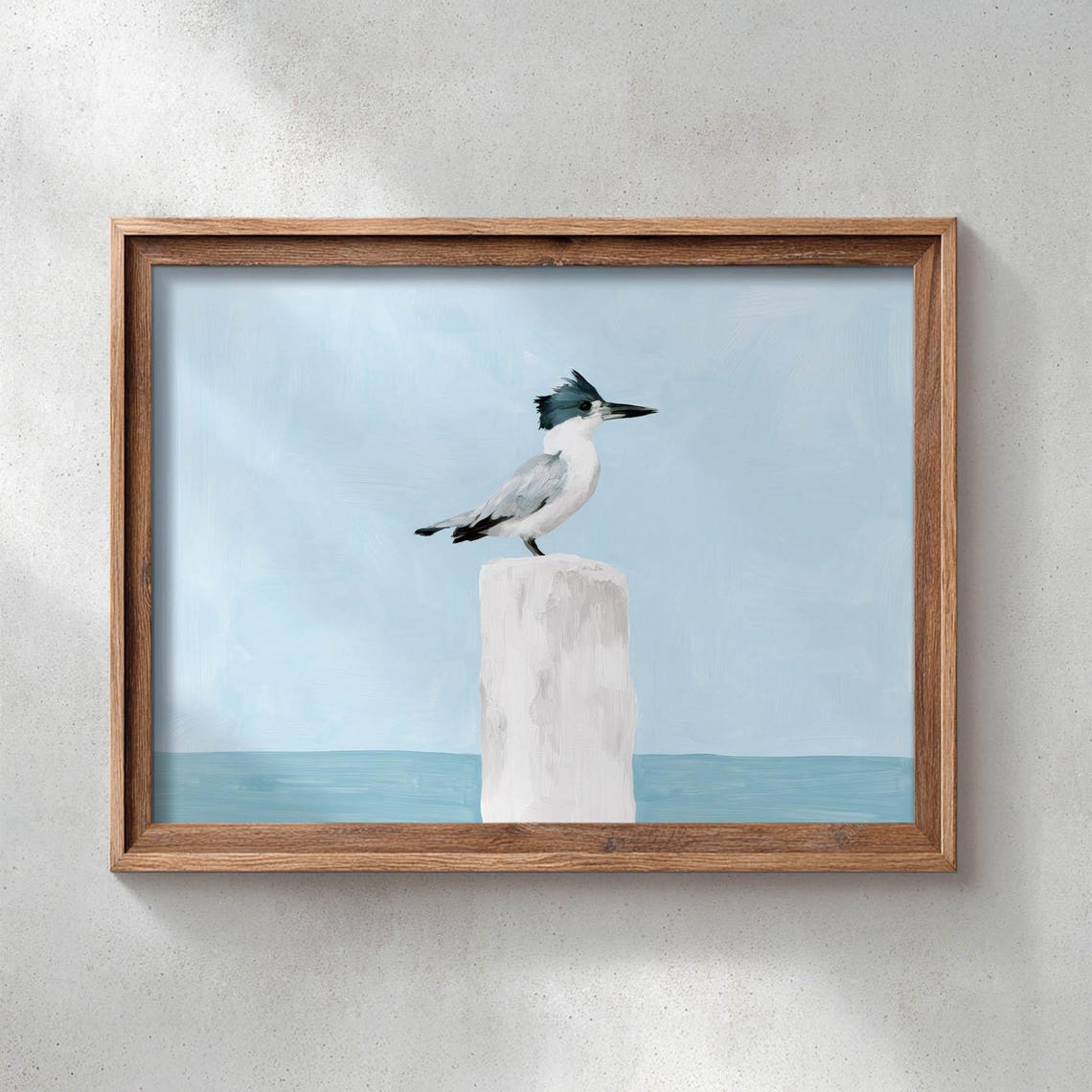 Belted Kingfisher On Dock Post Coastal Bird Watercolor Art Poster
