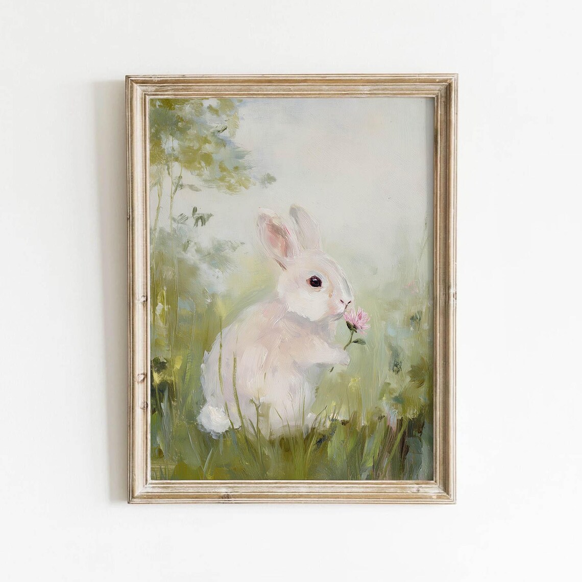 Pastel White Bunny Art Print, Cute Cottagecore Nursery Decor