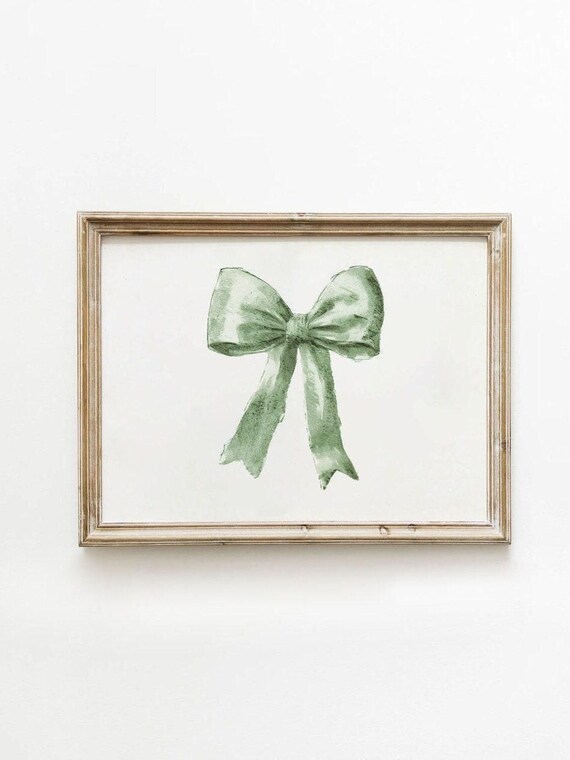 Sage Green Bow Horizontal Girly Vintage Hand Drawn Illustration Retro Preppy Wall Art 0001ev