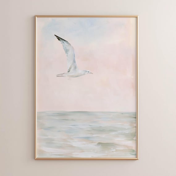 Printed Seagull Over Calm Ocean Waves Coastal Wall Art Serene Beach Painting Soft Pastel Sky Cottage Decor Muted Watercolor 0691