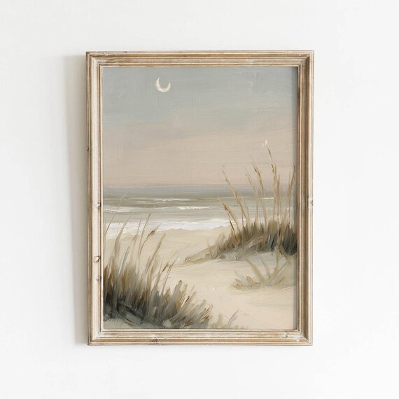 Muted Coastal Dunes Printable Vintage Beach Landscape Wall Art Crescent Moon Ocean Scene Decor Neutral Bedroom Gray Download 415