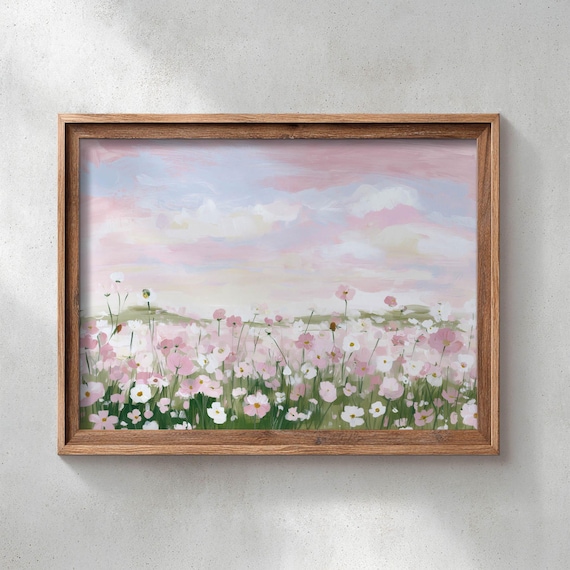 Pink Wildflower Meadow Watercolor Soft Pastel Blooms Dreamy Floral Field Wall Art
