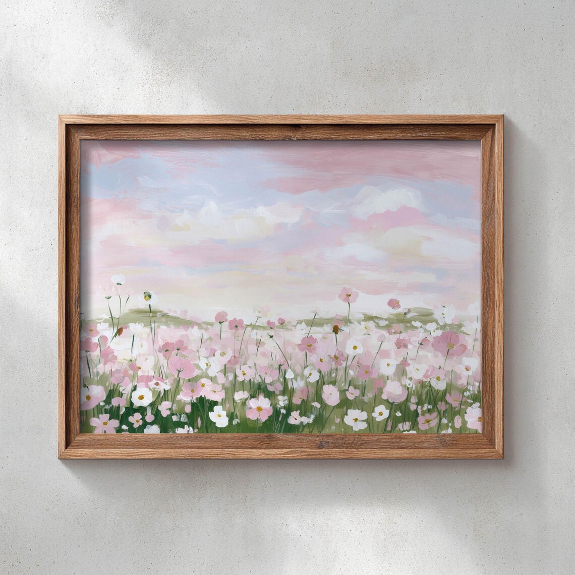 Pink Wildflower Meadow Watercolor Soft Pastel Blooms Dreamy Floral Field Wall Art