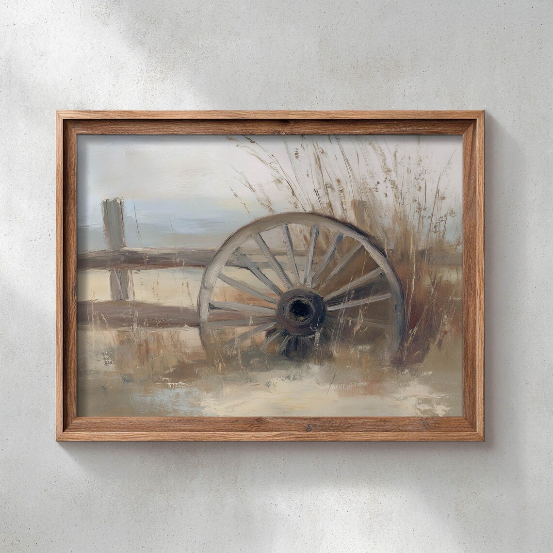 Rustic Wagon Wheel Leaning Fence, Vintage Farmhouse Art Print