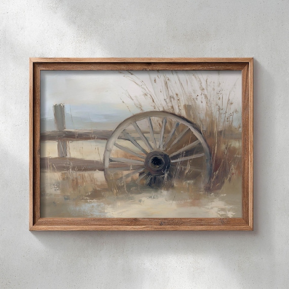 Rustic Wagon Wheel Leaning Fence, Vintage Farmhouse Art Print