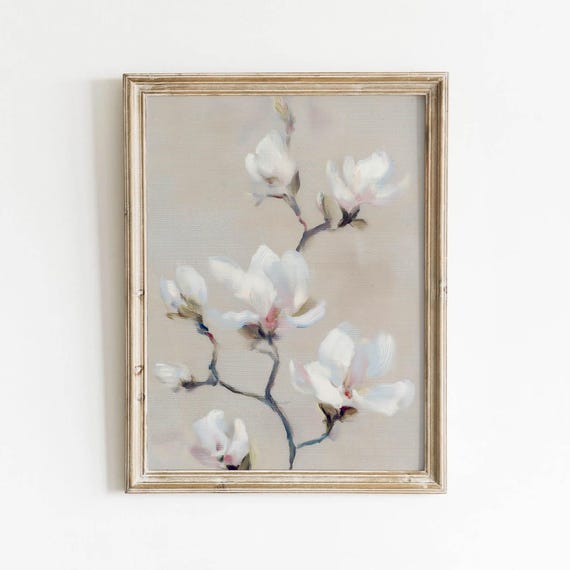 Muted Beige White Magnolia Branch Printable Delicate Floral Wall Art Soft Pink Bloom Decor Minimalist Bedroom Neutral Download 541