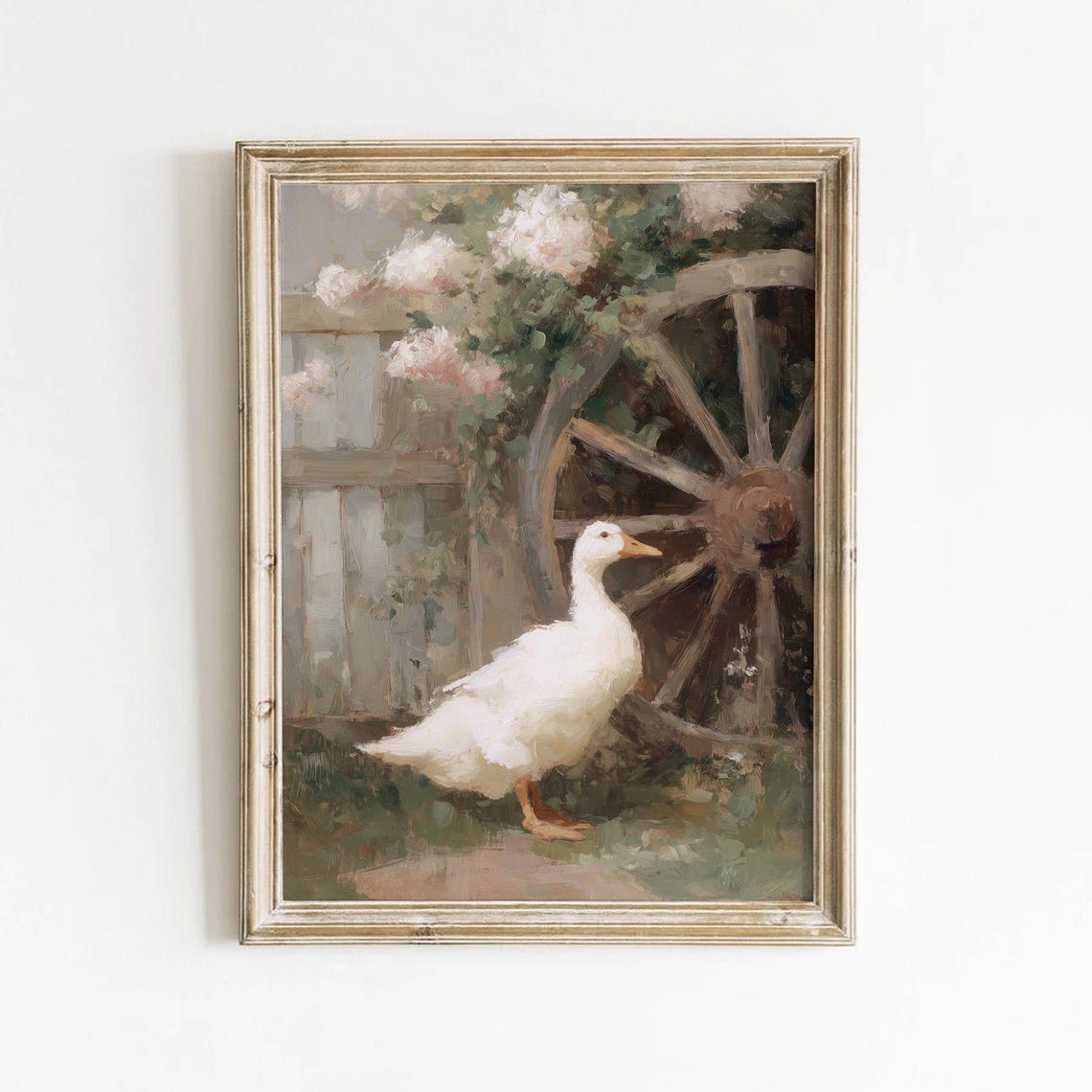 White Goose By Wooden Wagon Wheel Rustic Farmhouse Animal Art Poster