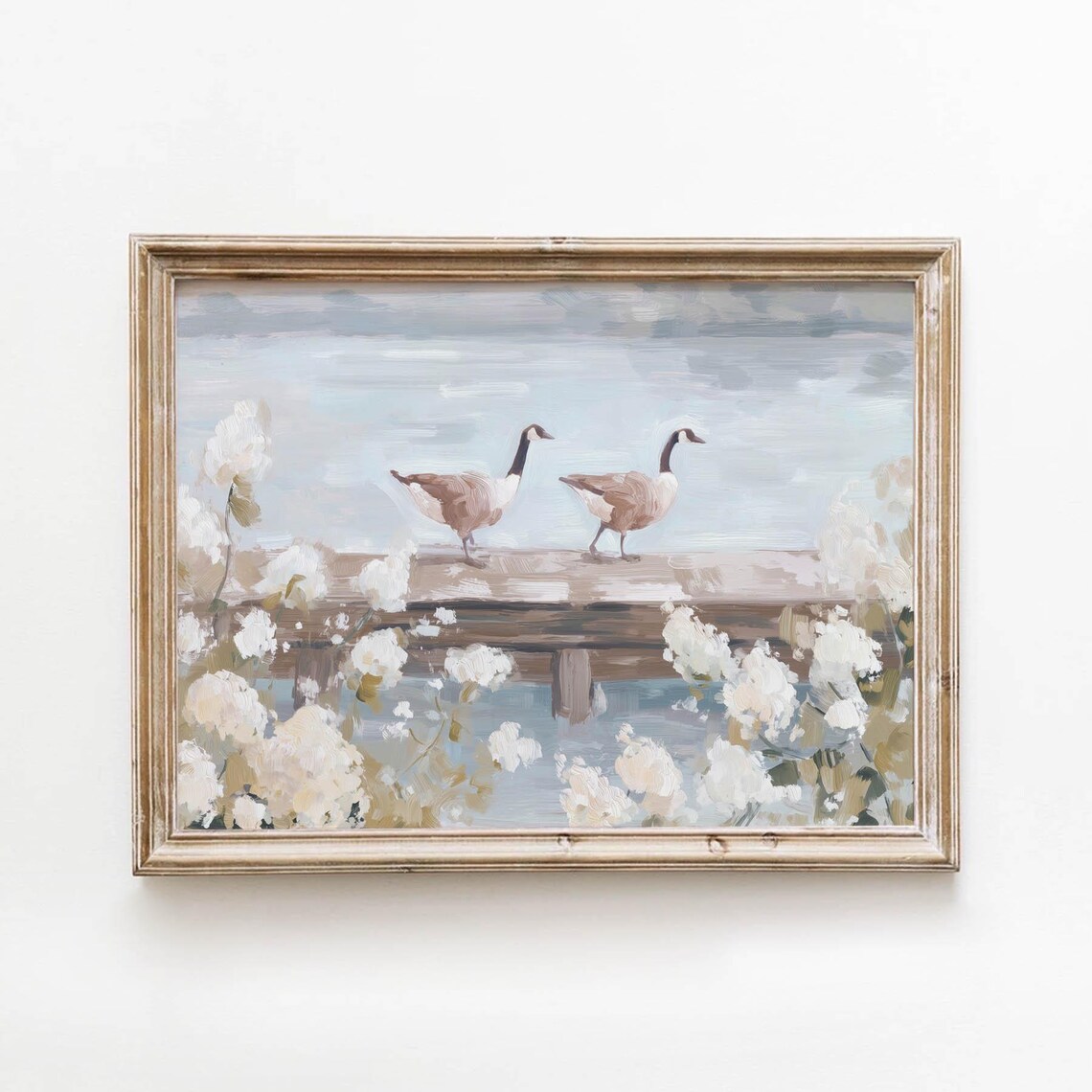 Muted Blue Geese Dock Vintage Spring Landscape Art Print