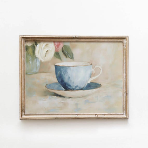 Blue Teacup Printable Cottagecore Vintage Style Painting Cozy Still Life Paintiing Neutral Wall Decor Download 0155