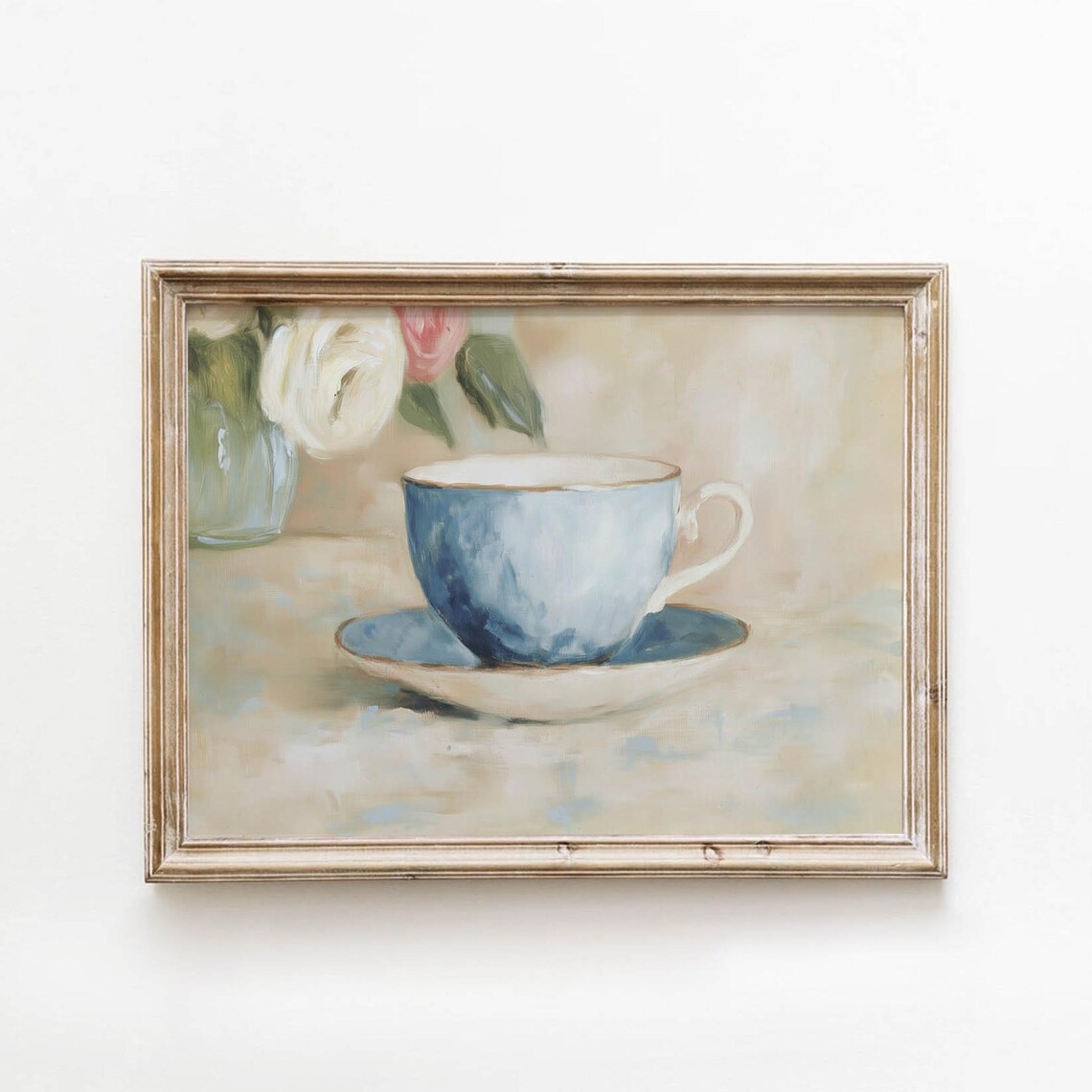 Blue Teacup Roses Cozy Still Life Vintage Cottagecore Kitchen Art Poster