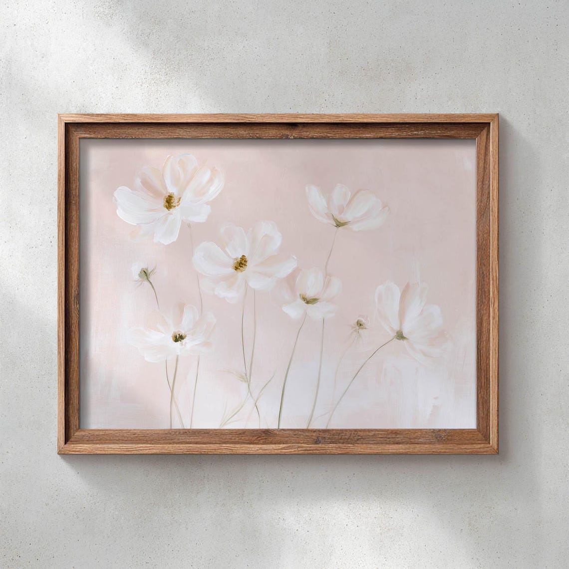 White Cosmos Flowers Blush Pink Background Soft Botanical Wall Art