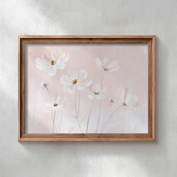 Printed White Cosmos Flowers On Blush Pink Background Delicate Floral Wall Art Poster Pastel Painting Romantic Cottage Decor P745
