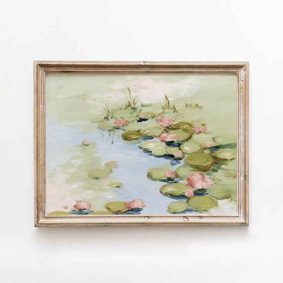 Pink Water Lilies Printable Soft Pastel Wall Art Cottagecore Decor Vintage Botanical Green Instant Download 0357