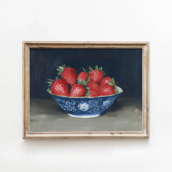 Strawberry Still Life In Bluewhite Bowl Vintage Kitchen Decor Classic Farmhouse Painting Red Fruit Art Printable Digital Download 0151