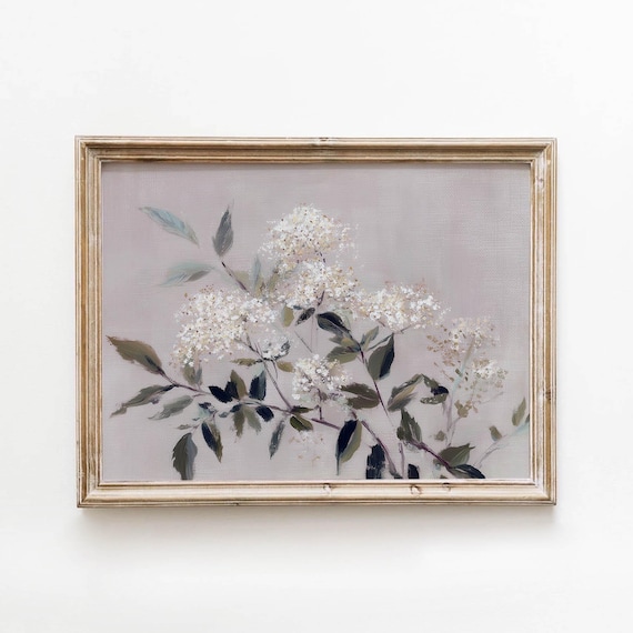 White Flowering Branch Blush Gray Vintage Botanical Soft Floral Poster