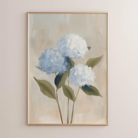 Blue Hydrangea Painting Pale Floral Farmhouse Wall Art Cottage Soft Natural Poster Print Rustic Botanical Home Decor Vintage Style P103