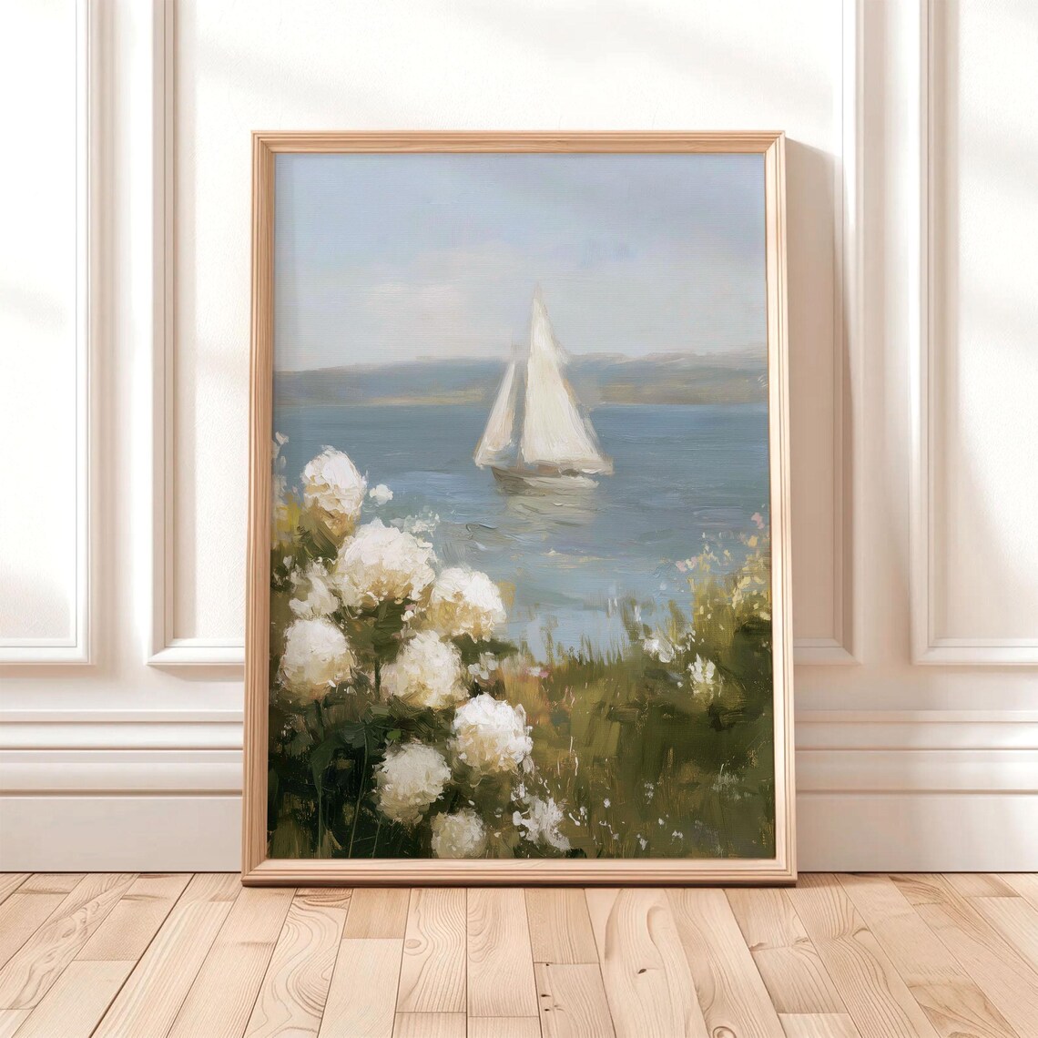 White Sailboat Vintage Coastal Nautical Art Print