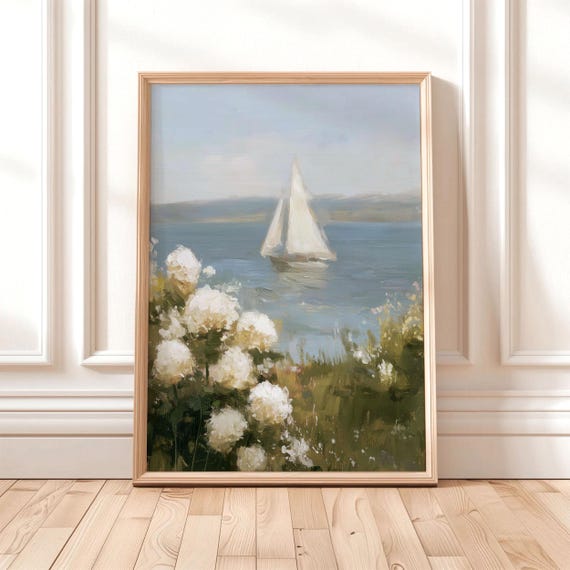 White Sailboat Vintage Coastal Nautical Art Print