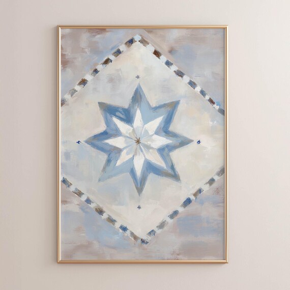 Printed Eightpointed Star Quilt Block Dusty Blue Vintage Americana Poster Neutral Rustic Wall Art Cottagecore Decor 0611