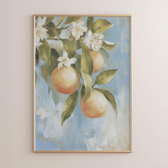 Vintage Peachy Botanical Poster Print Cozy Cottagecore Citrus Painting Farmhouse Style Art Soft Skyblue Background Olive Green P94