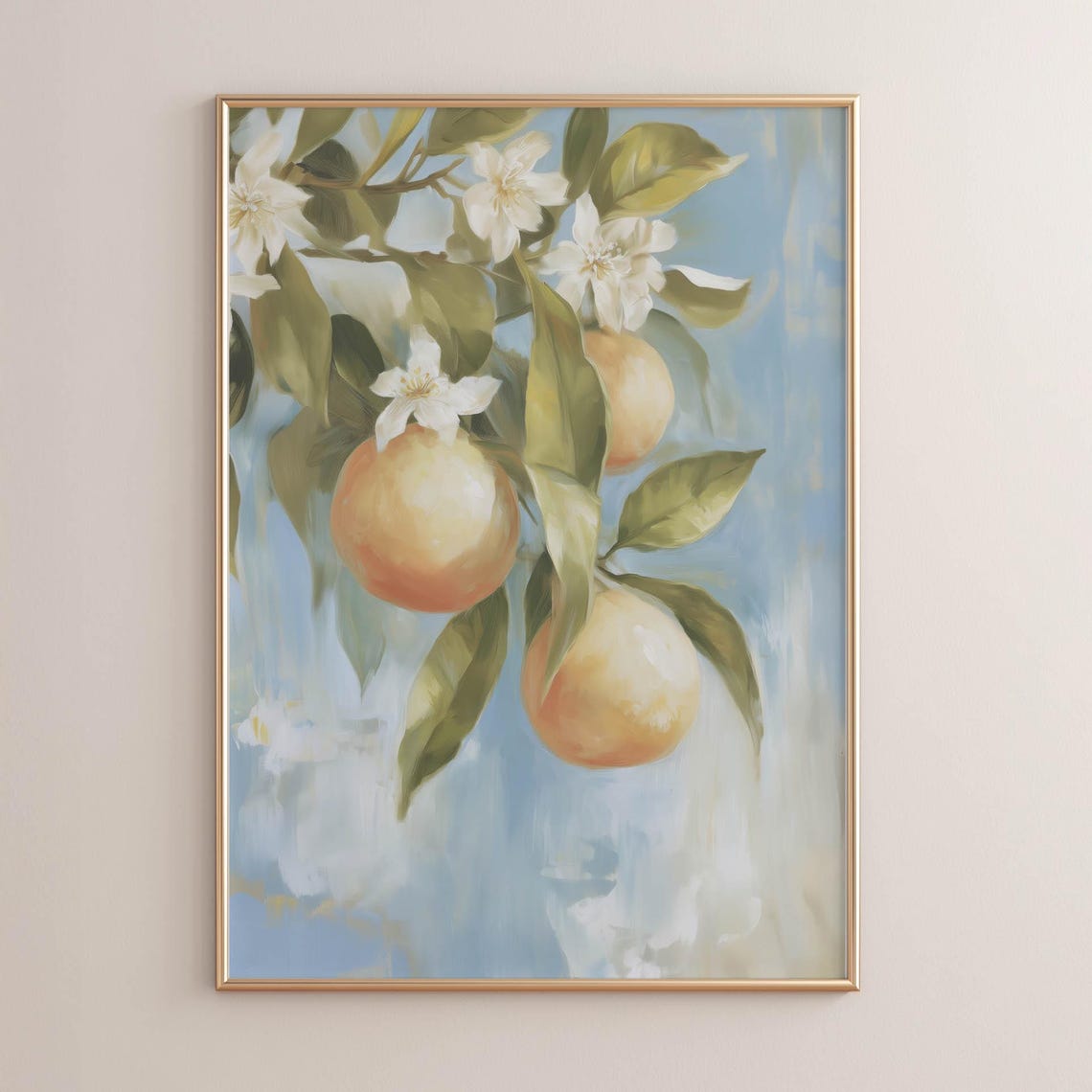 Orange Blossom Branch on Blue Impressionist Citrus Botanical Wall Art