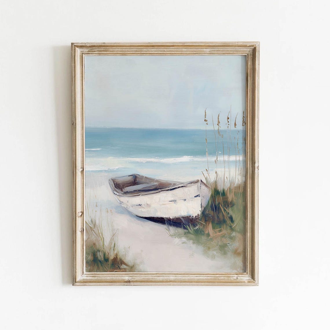Vintage White Rowboat On Sandy Beach Muted Coastal Seascape Poster