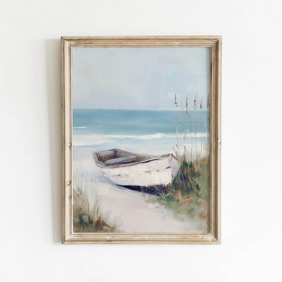 Vintage White Rowboat On Sandy Beach Muted Coastal Seascape Poster