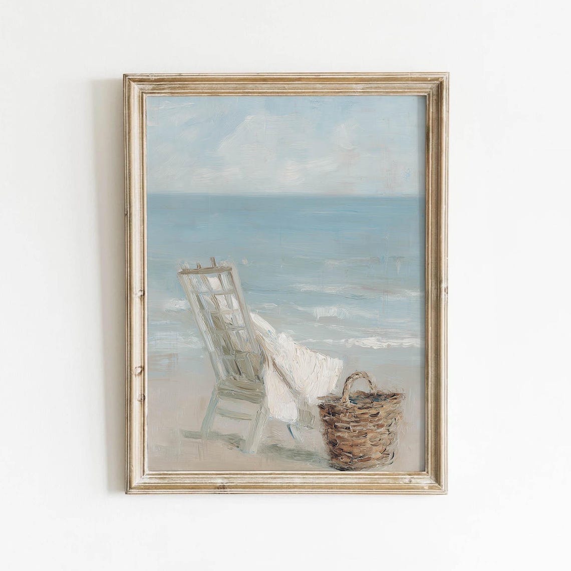 Empty Beach Chair And Basket On Sand Muted Vintage Seaside Wall Art