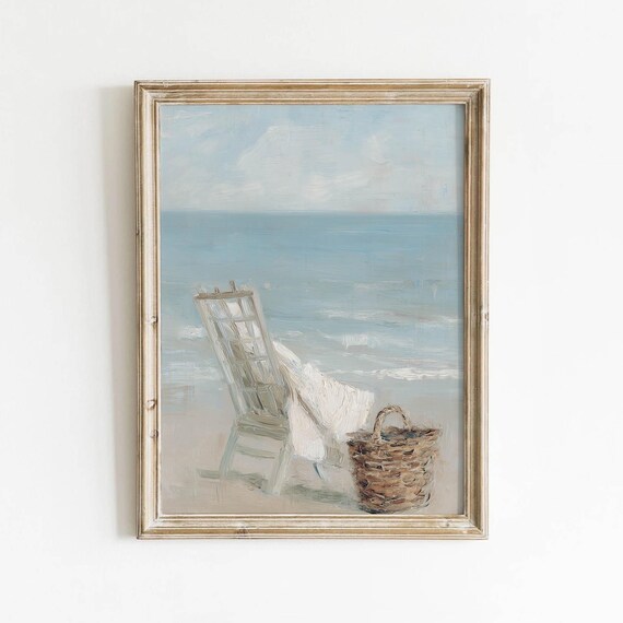 Empty Beach Chair And Basket On Sand Muted Vintage Seaside Wall Art