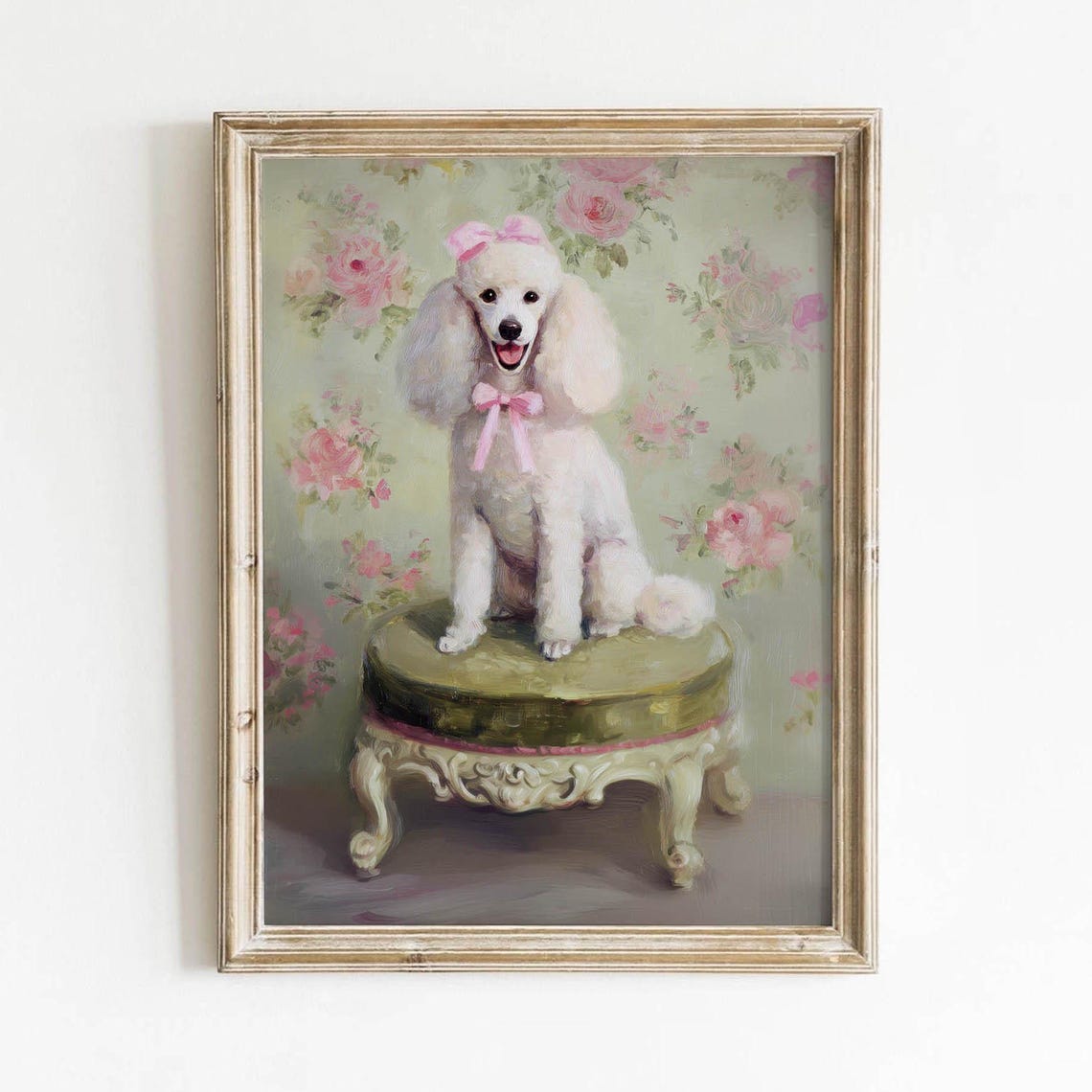 White Poodle With Pink Bows Vintage Portrait on Footstool Art Poster