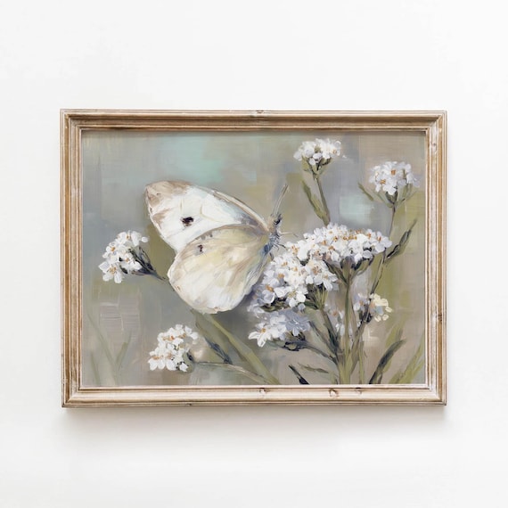 Vintage White Butterfly Wildflowers Art Print, Cottagecore