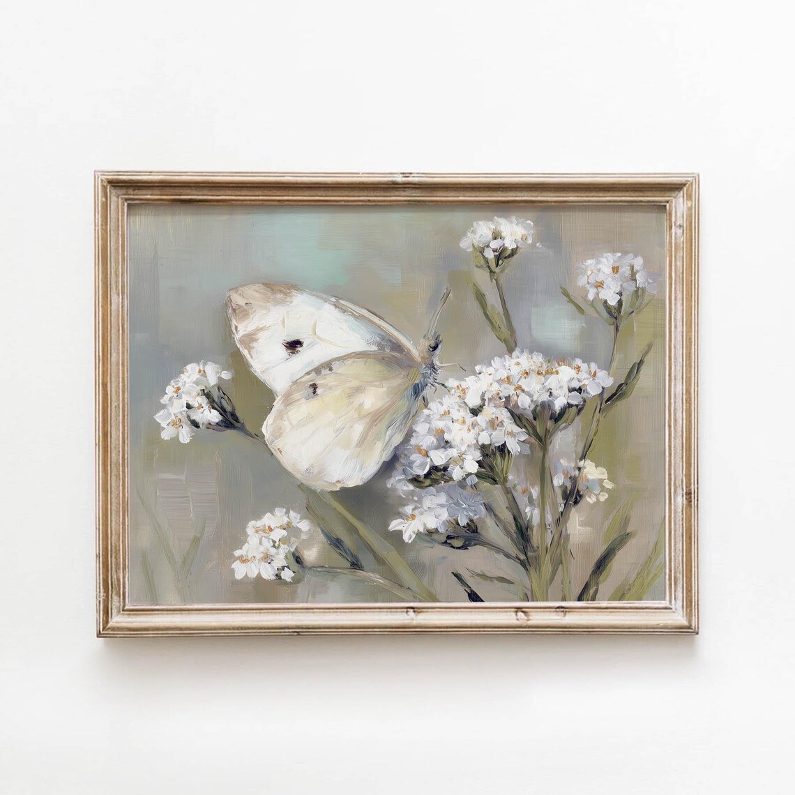 Vintage White Butterfly Wildflowers Art Print, Cottagecore