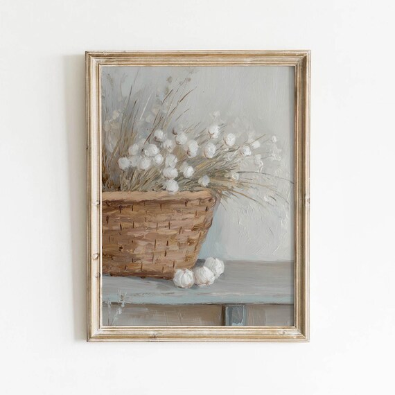 Cotton Bolls In Woven Basket Neutral Farmhouse Still Life Wall Art
