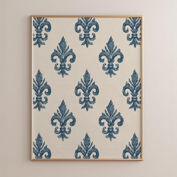 Indigo Blue Fleurdelis Poster Print Classic French Country Style Vintage Farmhouse Wall Art Neutral Rustic Decor Cream P189