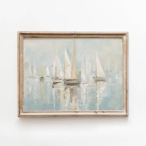 Muted Blue Sailboat Regatta Printable Coastal Nautical Wall Art Vintage Sailing Scene Decor Neutral Bedroom Cream Download 447