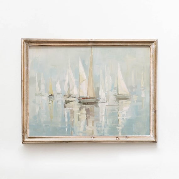 Sailboat Regatta With Billowing Sails Soft Blue Vintage Sailing Art Print