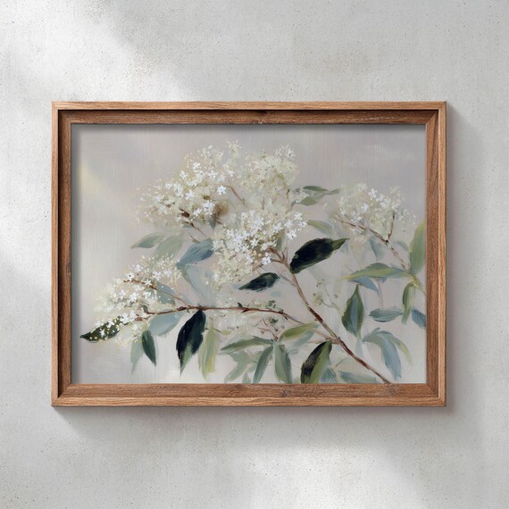 Printed White Flowering Branches Soft Green Leaves Muted Blushgray Background Botanical Poster Vintage Aesthetic Nature Wall Art 0584