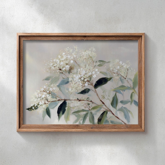 White Flowering Branches Soft Grey Green Muted Vintage Floral Poster