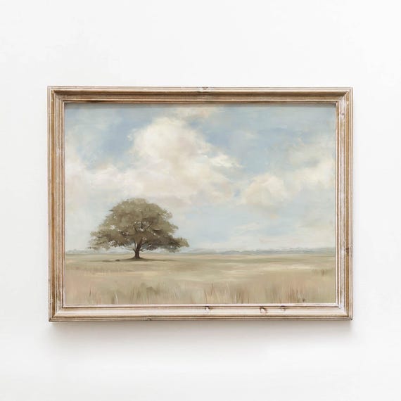Vintage Oak Tree Meadow Neutral Golden Landscape Printable Wall Art Farmhouse Decor Digital Download 546