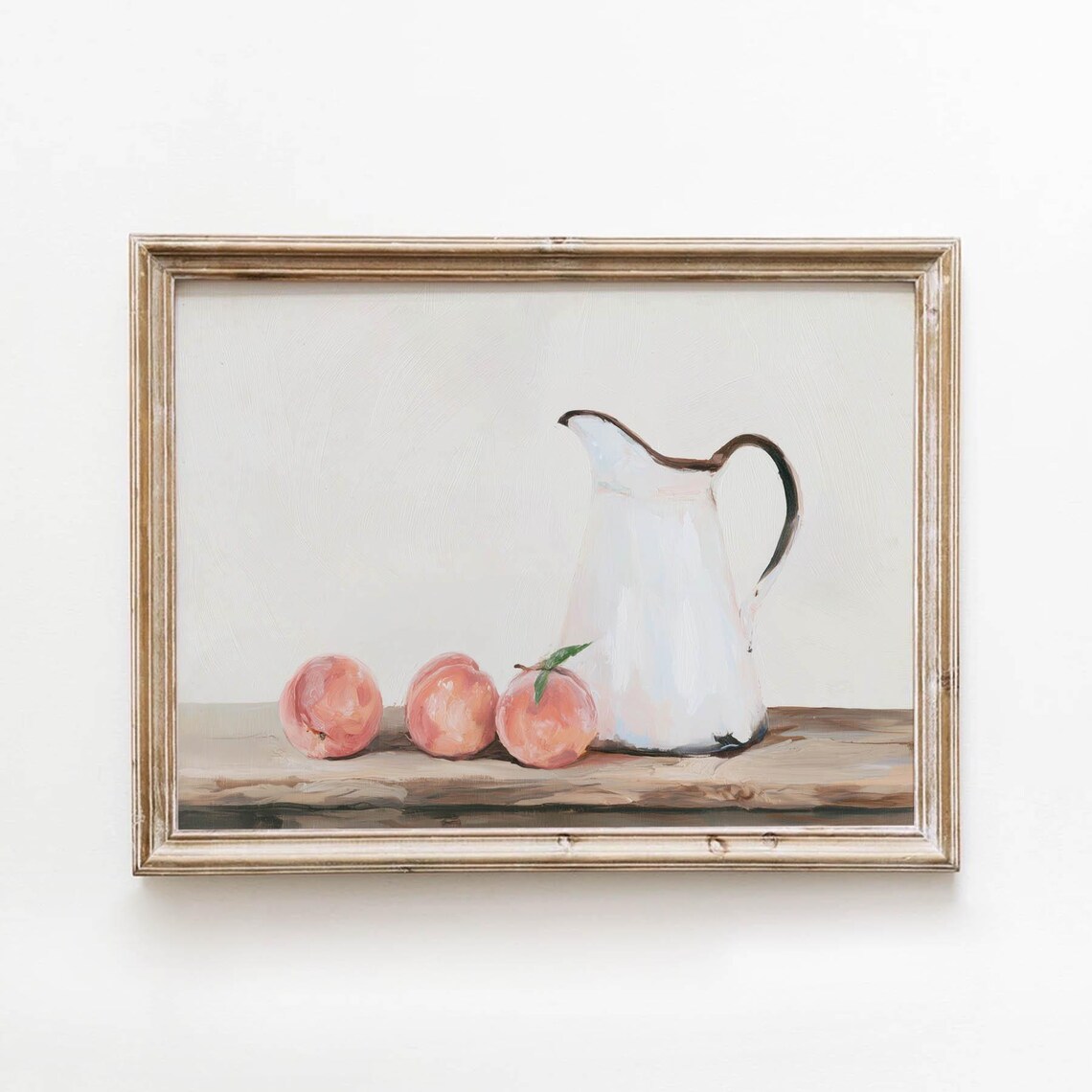 White Enamel Pitcher With Fresh Peaches Rustic Still Life Painting Print