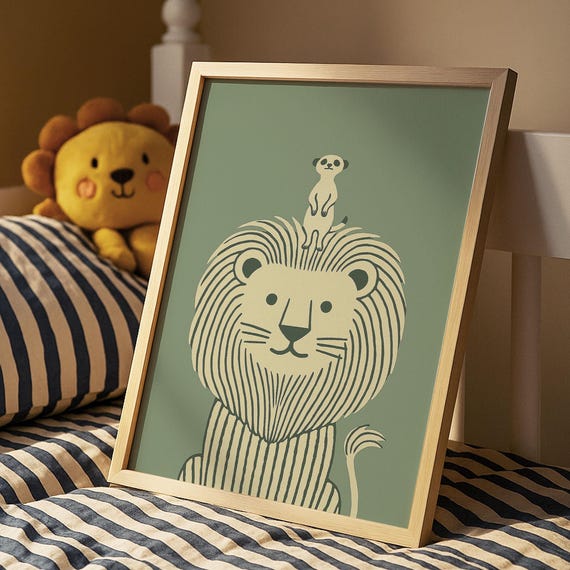 Sage Green Lion And Meerkat Print Whimsical Nursery Decor