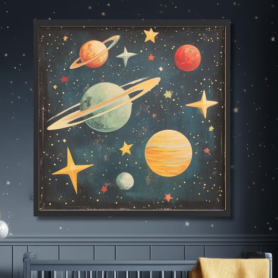 Solar System Nursery Wall Art Retro Planets Print Midcentury Space Decor Kids Room Poster Genderneutral Baby Gift Boy