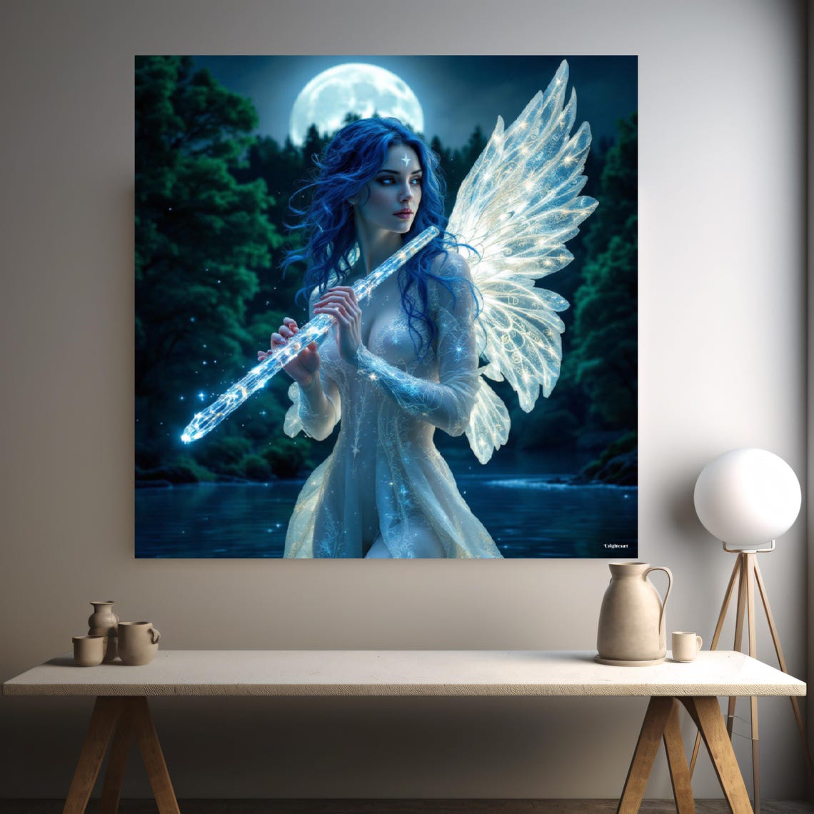 Moonlit Fairy Playing Crystal Flute Fantasy Night Forest Art Poster