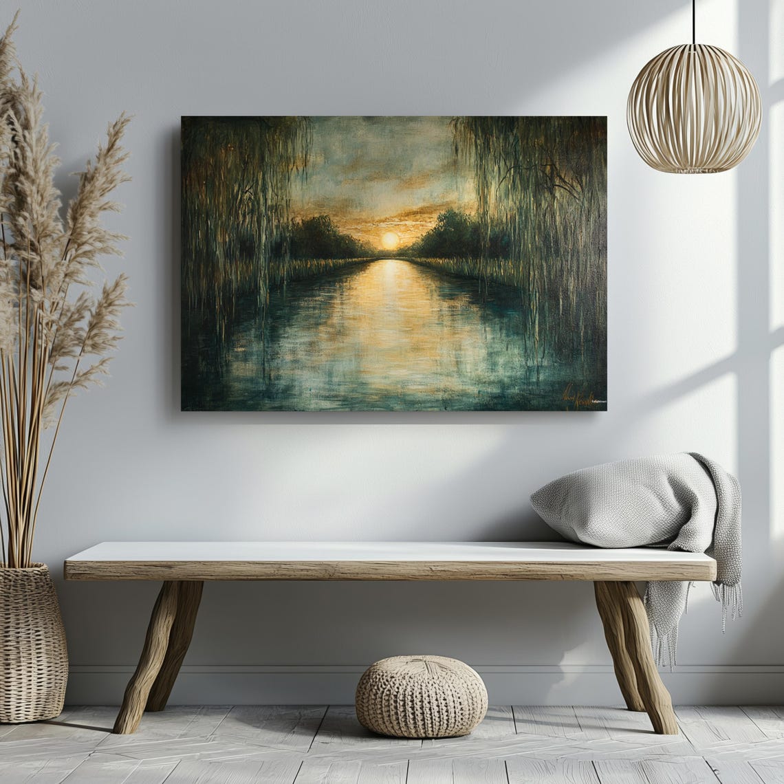 Weeping Willows Twilight River Sunset Golden Reflection Art Poster - Image 3