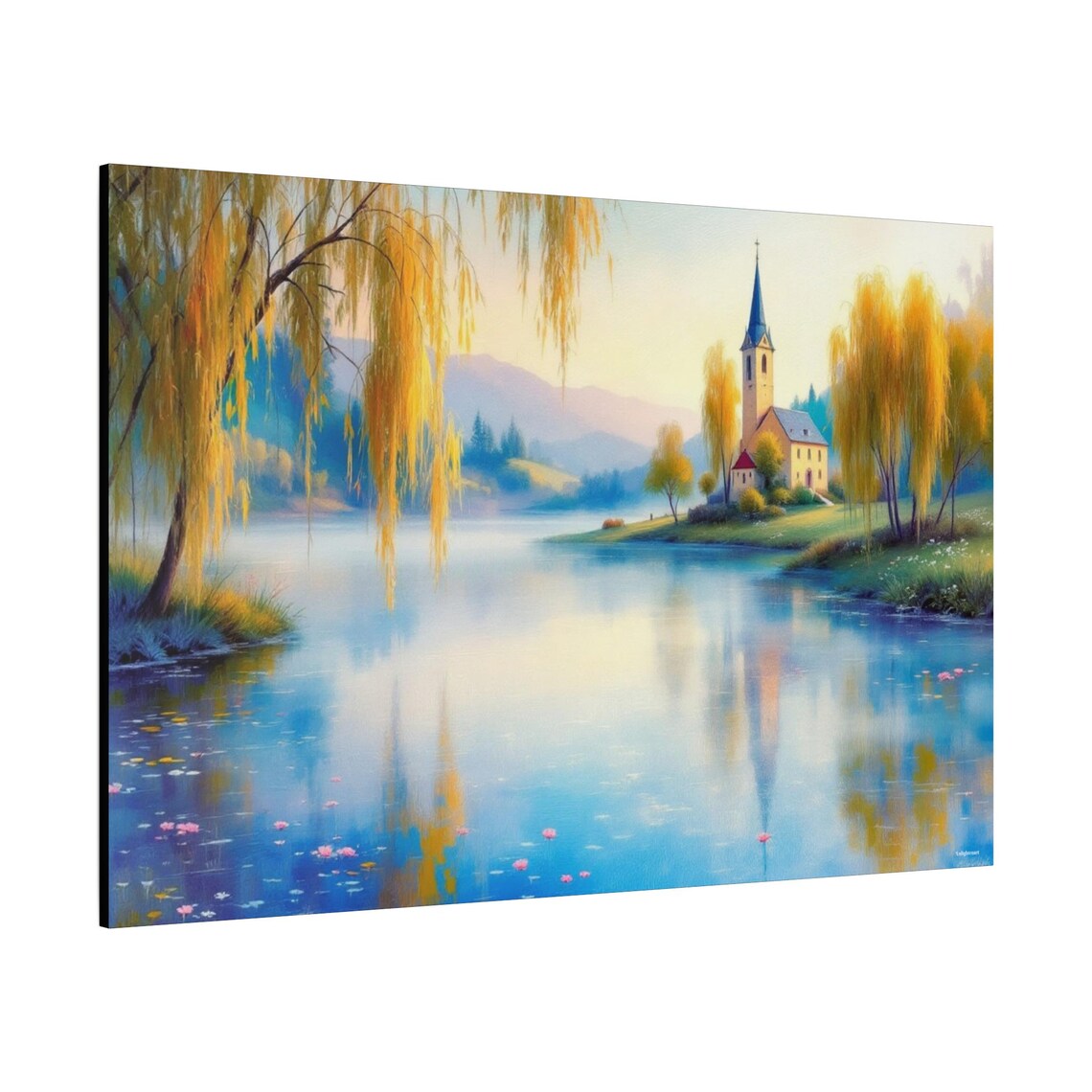 Riverside Village Church Weeping Willows Watercolor Art Poster - Image 2