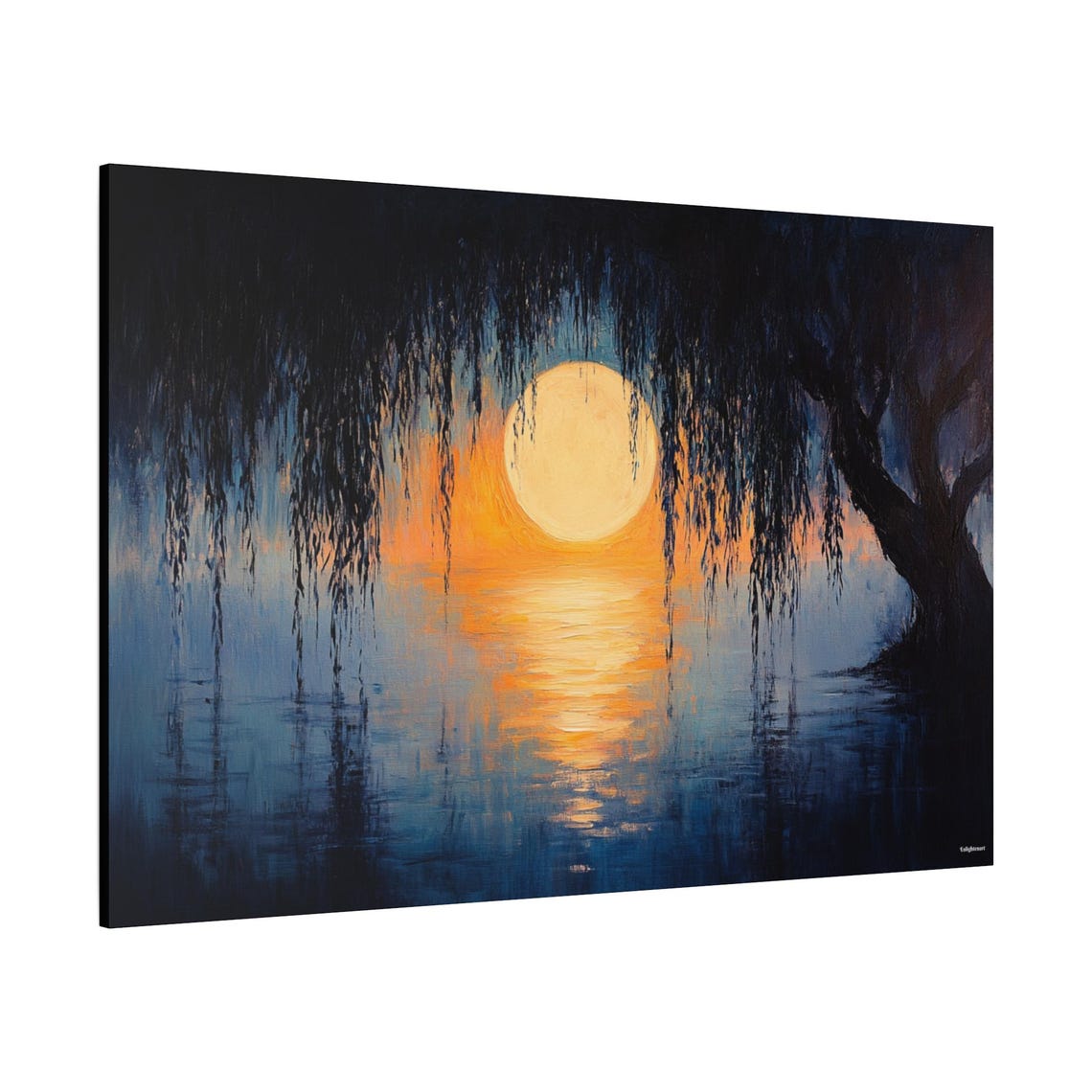 Golden Moon Willow Branches Night Lake Reflection Art Poster