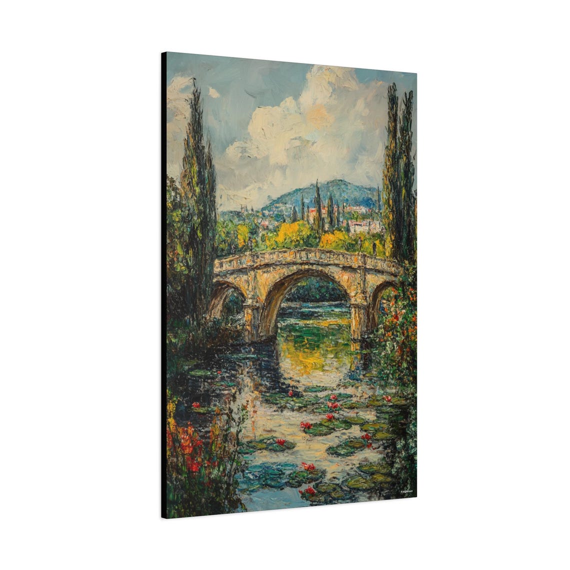 Stone Bridge Lily Pond Poplars Impressionist Garden Art Poster
